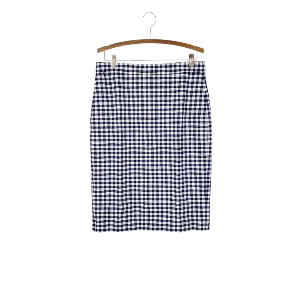 J Crew Petite No 3 Pencil Skirt NWT Bi-Stretch Midi Blue White Gingham Size 12P